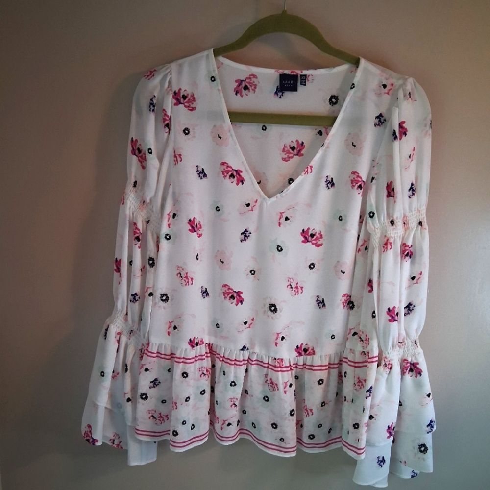Kaari Blue Floral V-Neck Blouse White and Pink